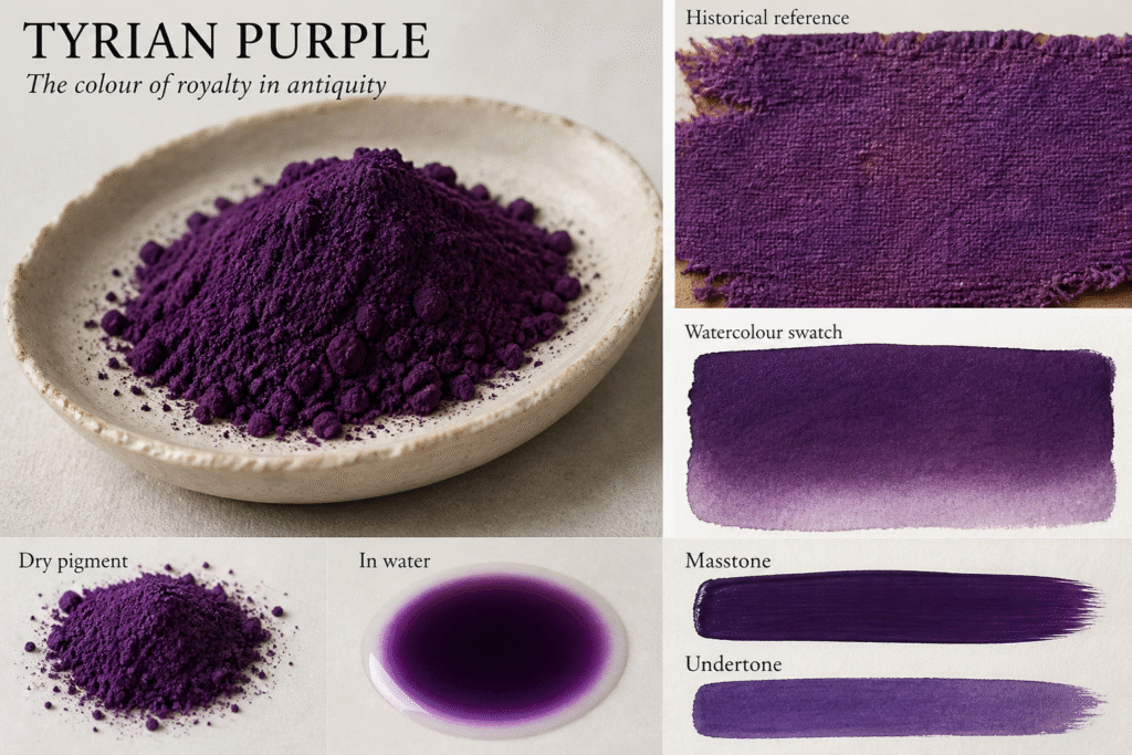 Tyrian purple pigment historic infographic showing powder, watercolour swatches and ancient royal dye colour